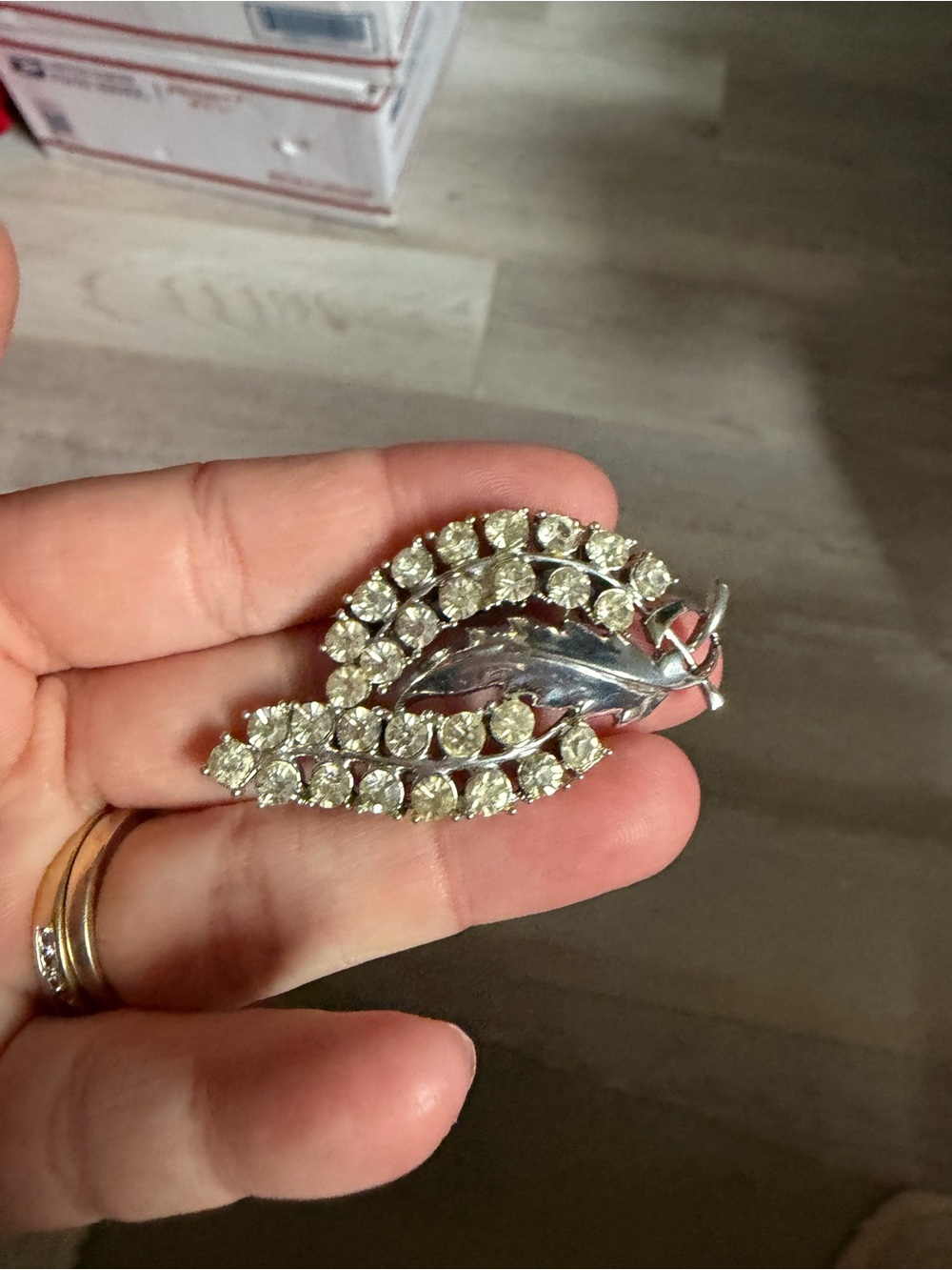 CORO Rhinestone Leaf Brooch - Silver Tone Sparkle